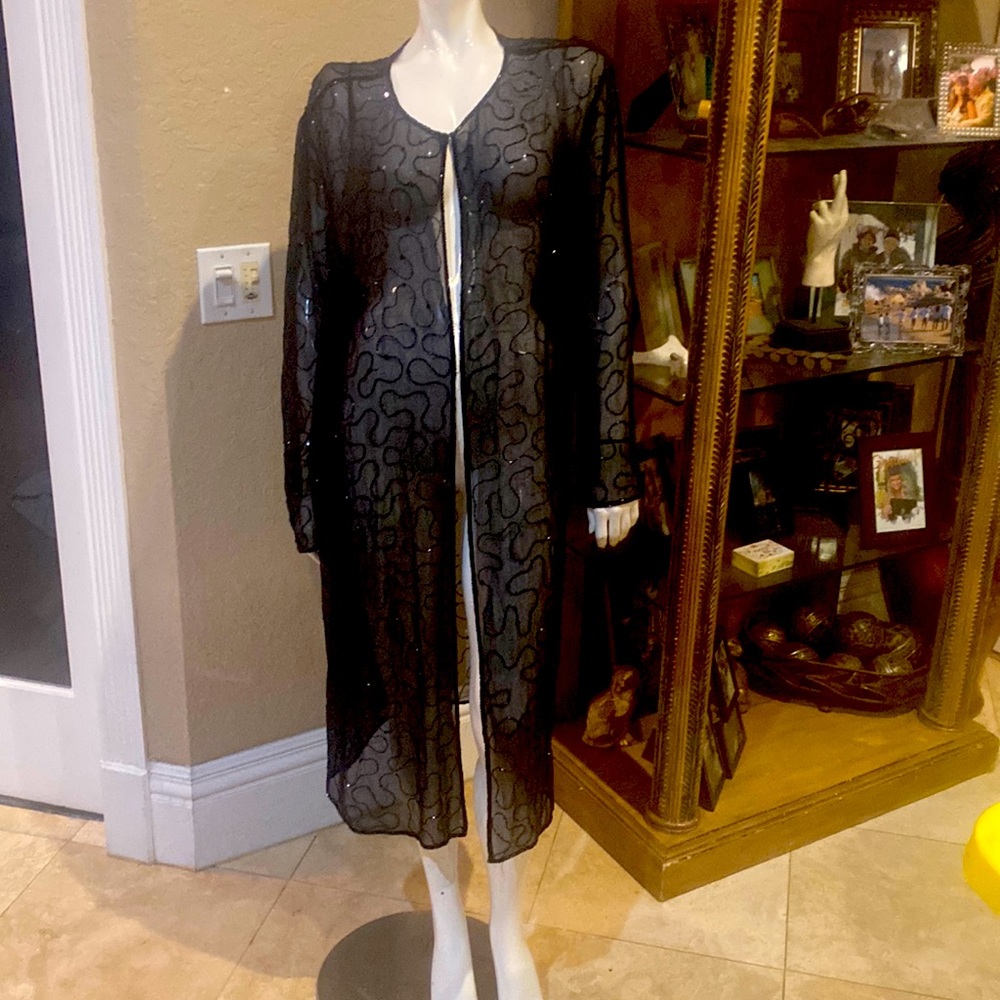 VIntage JMD New York Black 3/4 Long Sheer Beaded Cover up Coat Sz L/XL